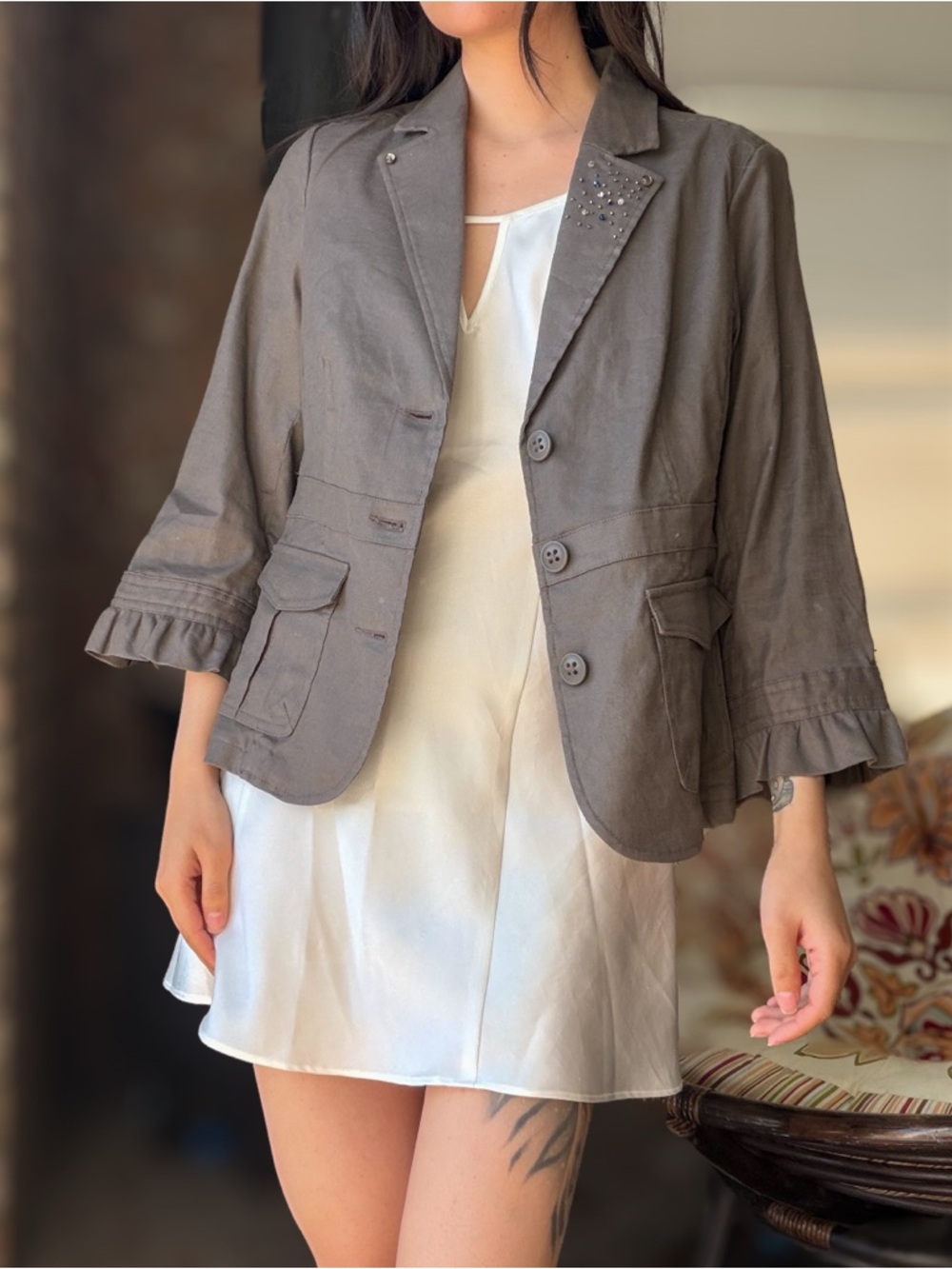 Linen Taupe Ruffle-Sleeve Blazer with Studded Lapel